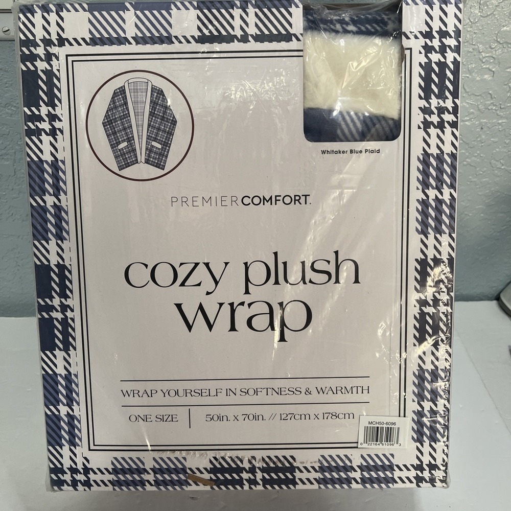 Premier Comfort‎ Cozy Plush Wrap 50"x70" Blue Whitaker Plaid Brand New.